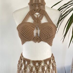 Bohemian Tan Macramé Halter Top